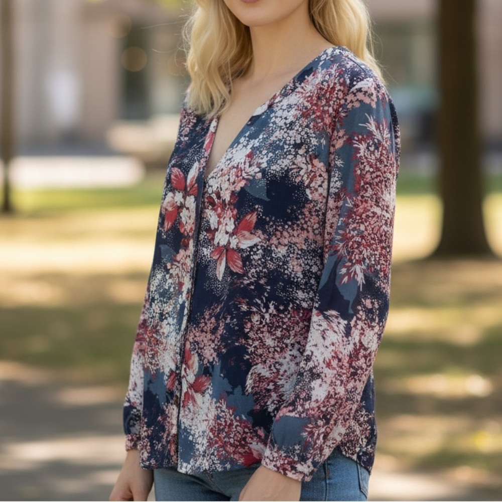 Navy and Pink Floral Button Down Blouse- 30W